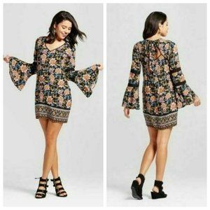 Xhilaration Mini Dress V-Neck Floral Print Bell Sleeves Pockets Bohemian XS